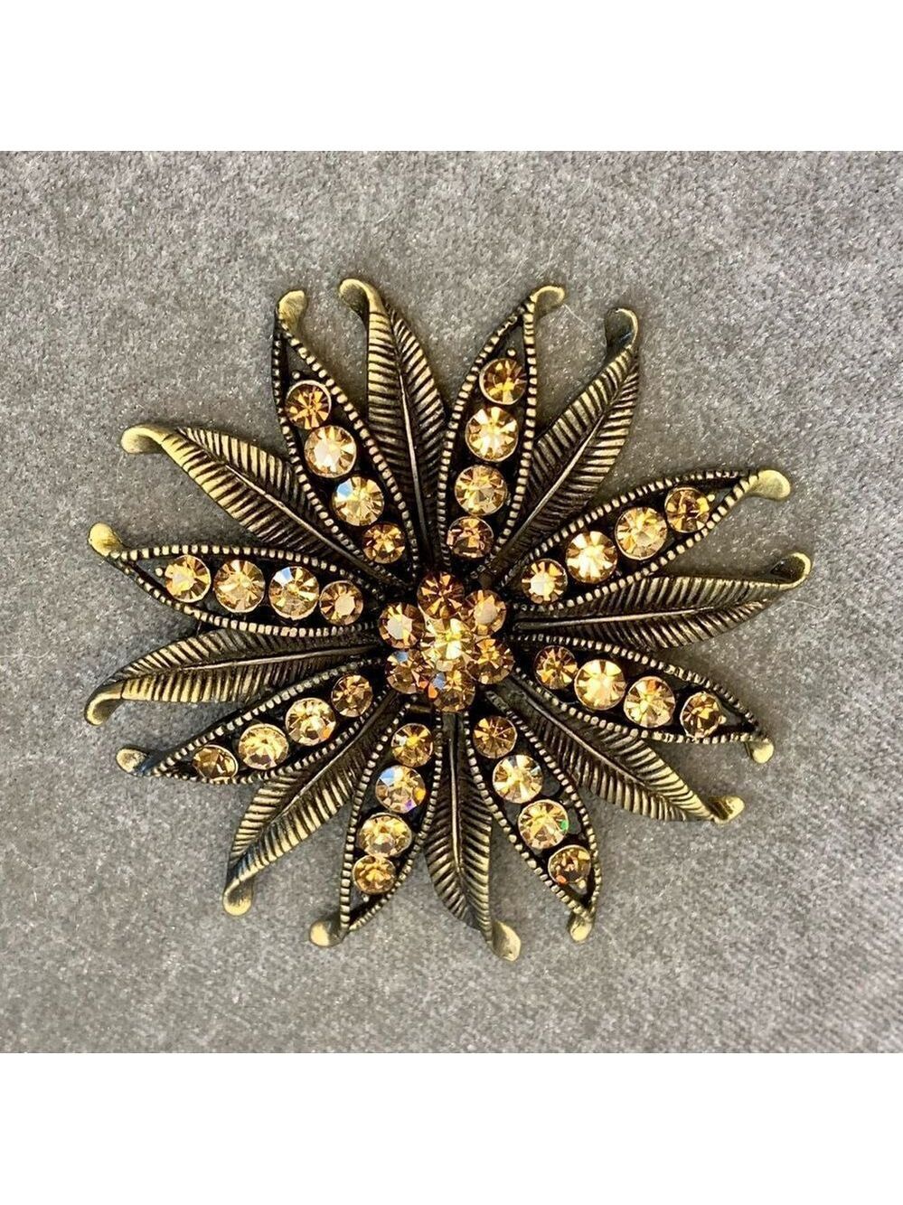 SIMON Chang vintage bronze brass tone floral Sunburst crystal rhinestone brooch